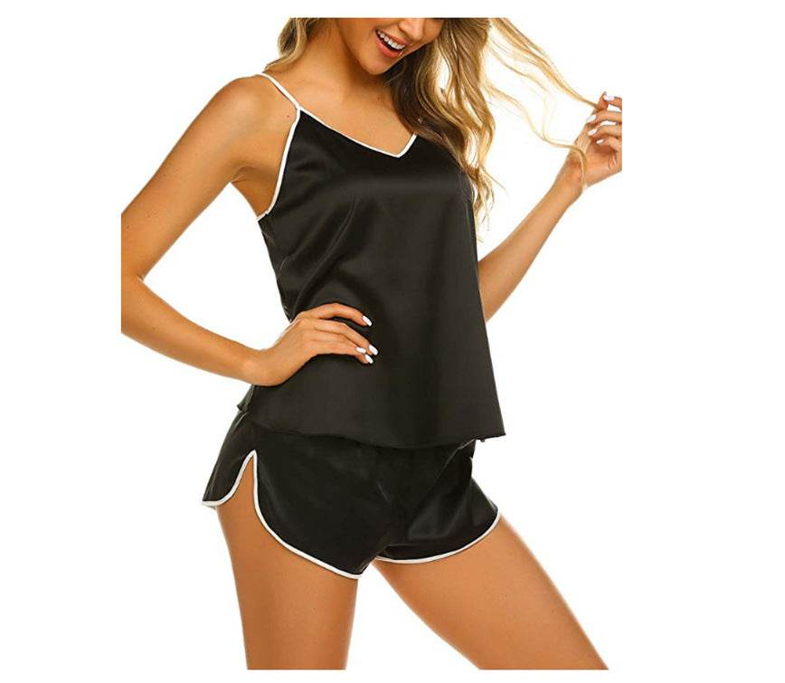 Satin pajama suit with suspenders - Mubimart