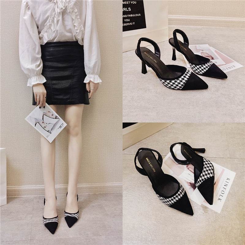 All-match pointed shallow mouth slingback strappy heel black sandals - Mubimart