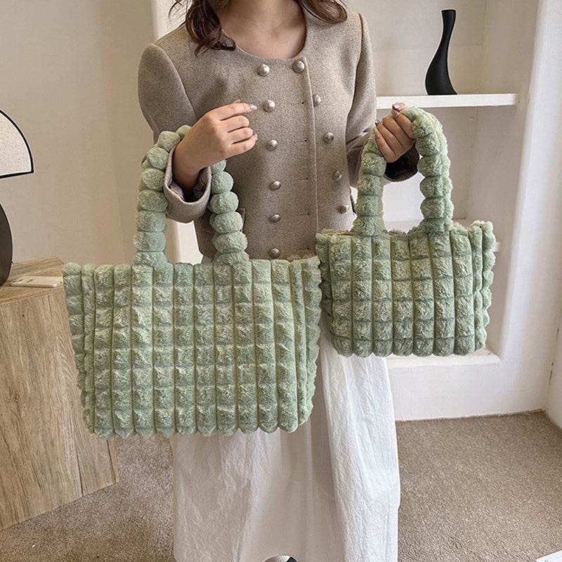 Plaid Handbags Winter Fashion High Capacity Shopping Plush Bag Korean Style Personalized Designer Luxury Tote Bags For Women - Mubimart