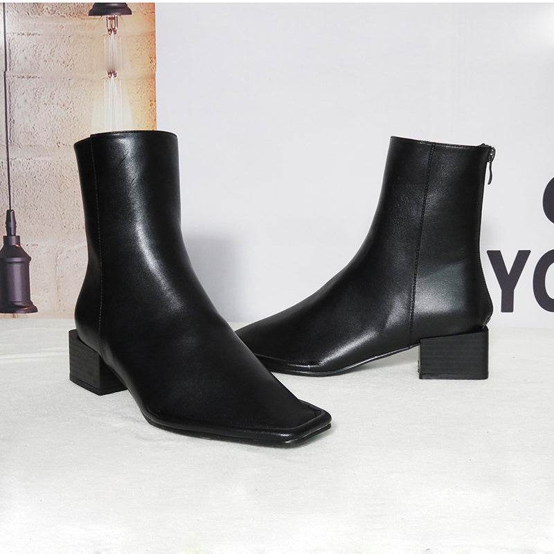 Women's back zipper square toe short boots - Mubimart