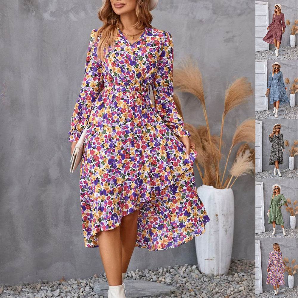 Flowers Print Long Sleeve Dress Fashion Ruffled Commuter Temperament Dresses Womens Clothing - Mubimart