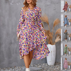 Flowers Print Long Sleeve Dress Fashion Ruffled Commuter Temperament Dresses Womens Clothing - Mubimart - Plus Size Maxi Dress 