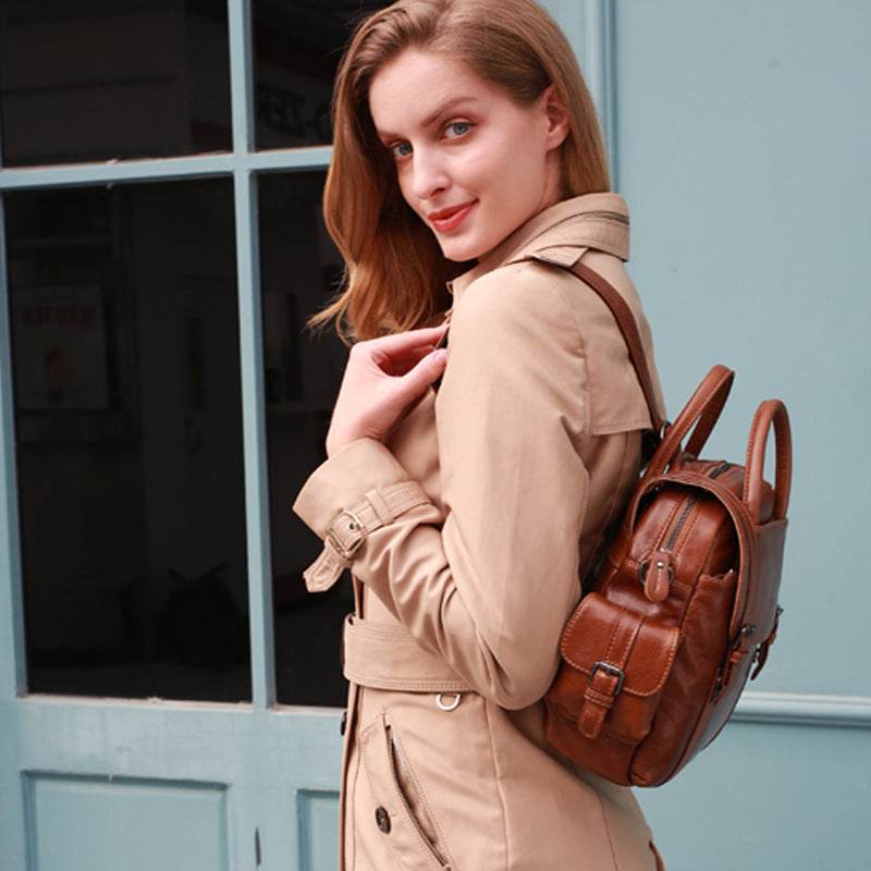 Multifunctional Retro Leather Backpack Women - Mubimart
