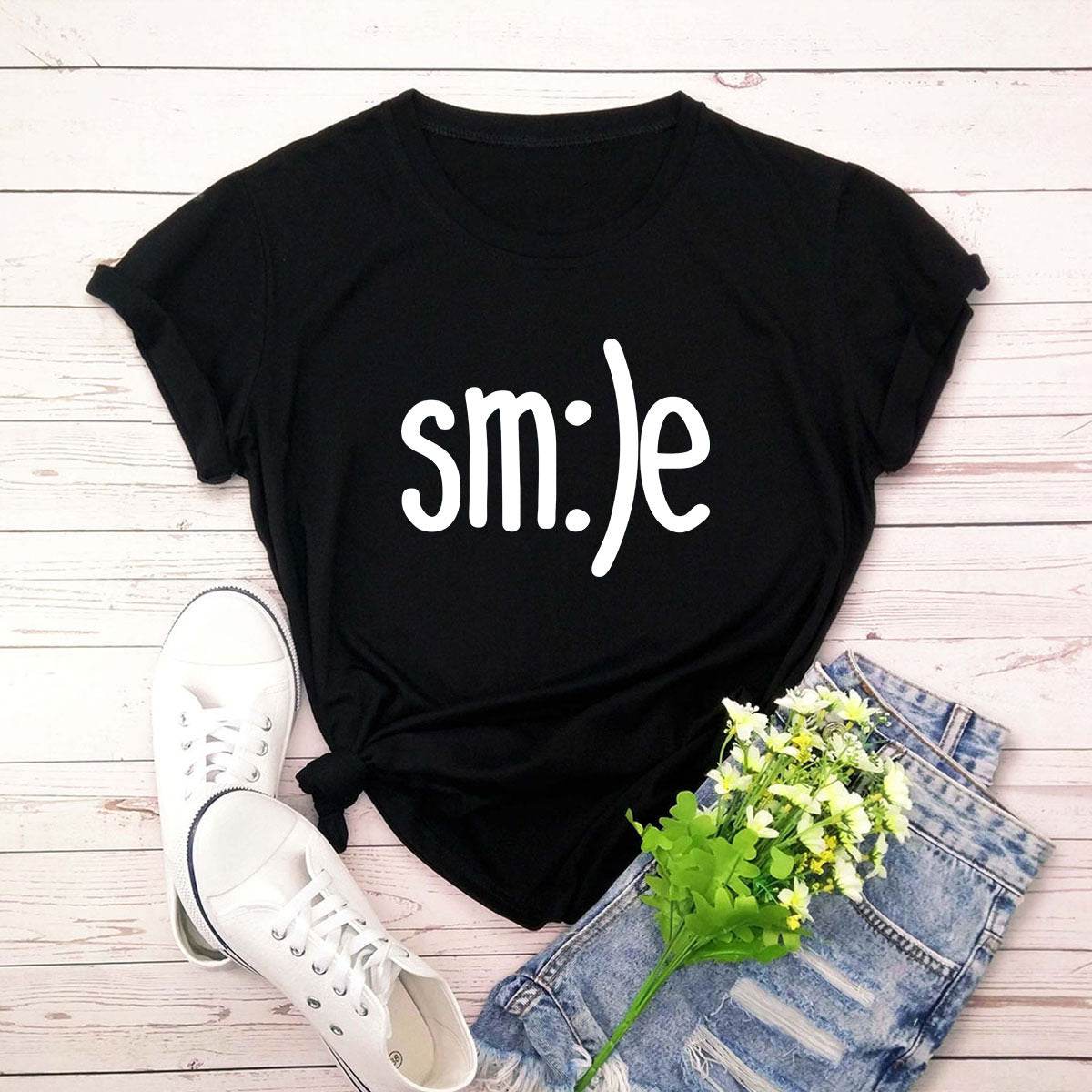 S-5XL Plus Size TShirt Women New Smile Letter Printed Shirt O Neck Short Sleeve Tees Summer Top 100%cotton Women's T-shirts - Mubimart