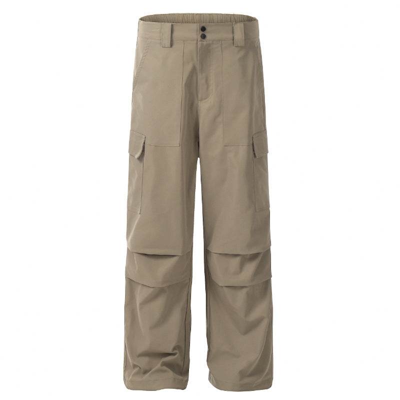 Khaki Pleated Loose Straight Casual Trousers - Mubimart