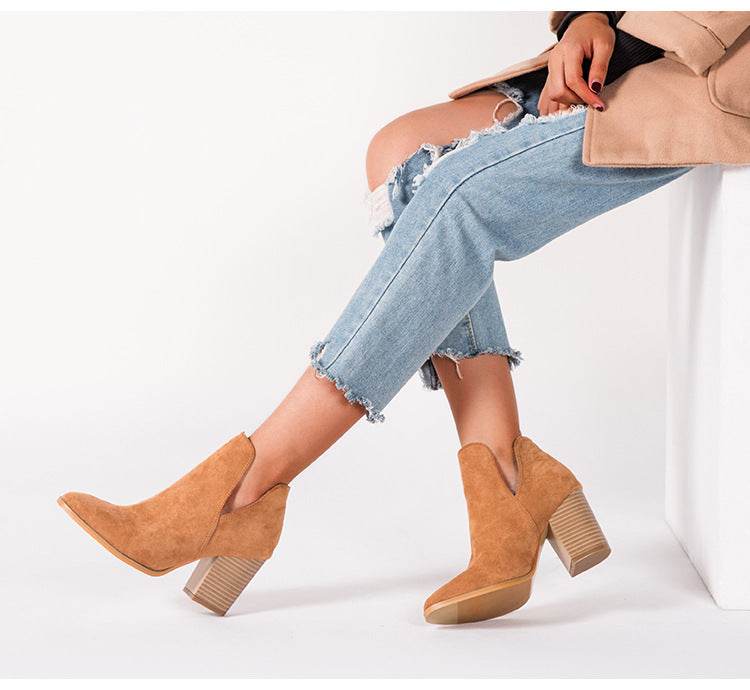 Chunky high-heeled solid color booties - Mubimart