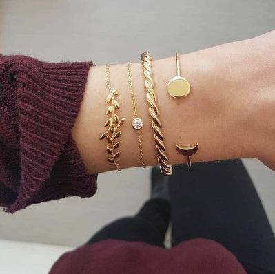 Trendy Gold Silver Crystal Leaf Moon Arrow Cat Bracelet set for Women Geometric Adjustable Bracelet Bangle Pulseiras - Mubimart