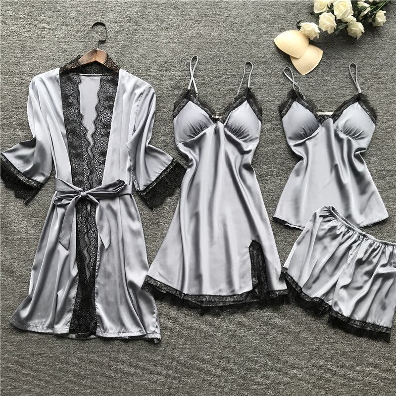 Silk pajama four piece set - Mubimart -  