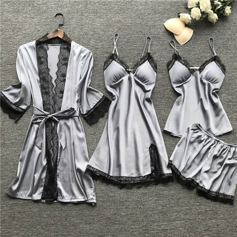 Silk pajama four piece set - Mubimart