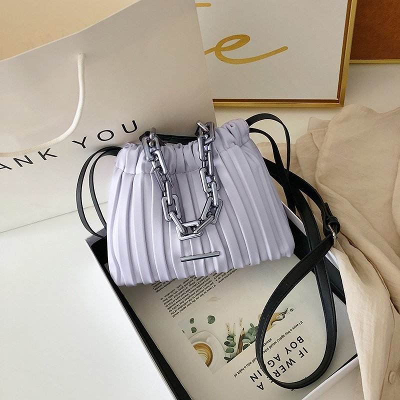 Designer Women Bags Drawstring Bucket Bag with Thick Chain Crossbody Bag - Mubimart