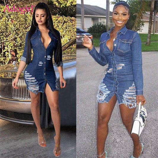 Shredded denim dress denim casual dress - Mubimart