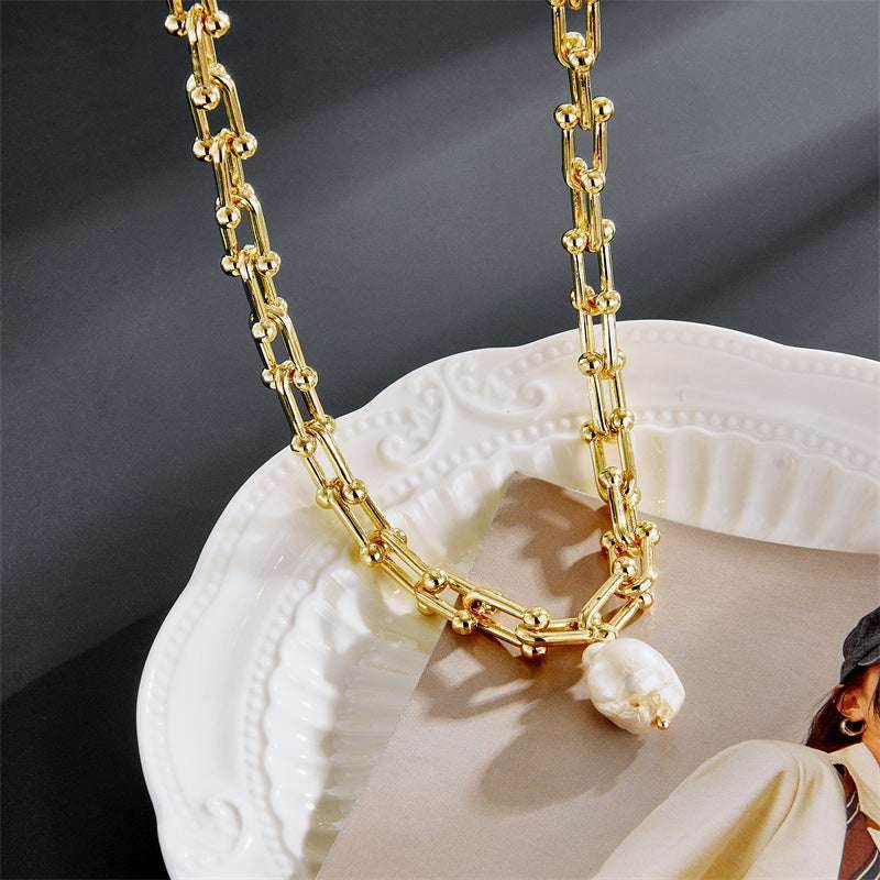 Baroque Pearl Necklace Golden Sweater Chain Women - Mubimart