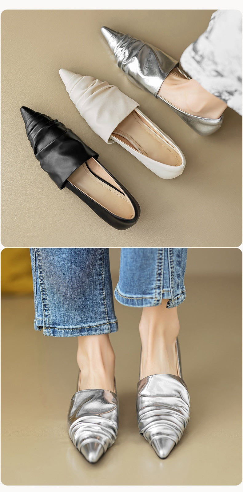 Pointed-toe Low Heel Flat Shoes Black Creamy-white