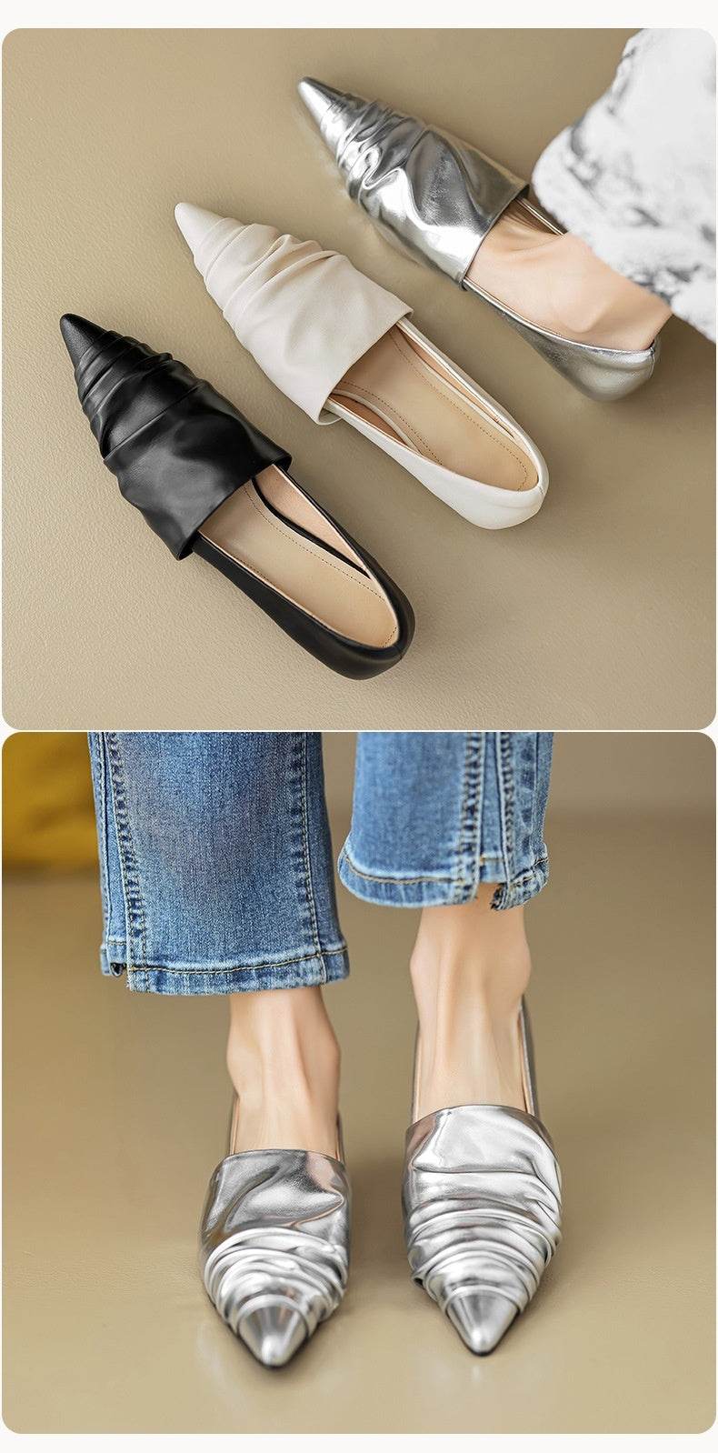 Pointed-toe Low Heel Flat Shoes Black Creamy-white - Mubimart