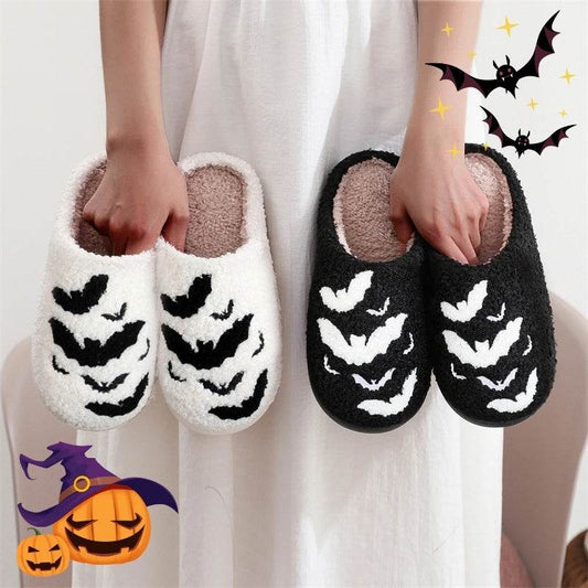 Funny Bat Slipper Halloween Pumpkin Flat Indoor House Shoes For Women Men Soft Plush Cozy Horror Fashion Halloween Gifts - Mubimart