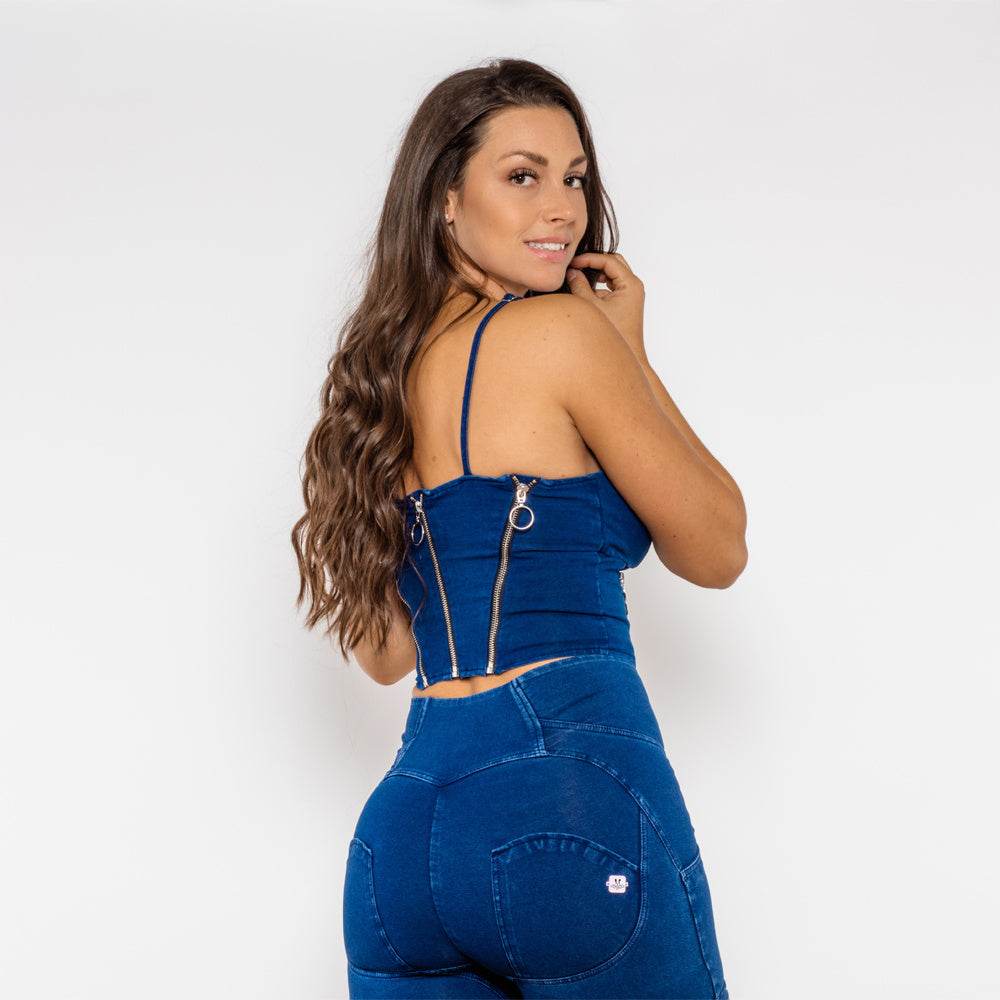 Shascullfites Melody Shapers Dark Blue Denim Camis Zippers Crop Top Women Slim Fit Tops Sleeveless Straps Tank Top - Mubimart