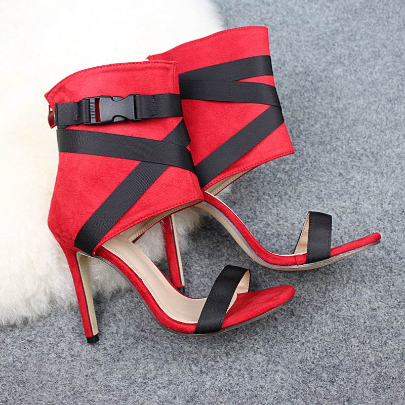 Open Toe Fashion Style Woven Buckle Stiletto Heels Peep Toe Women's Shoes - Mubimart