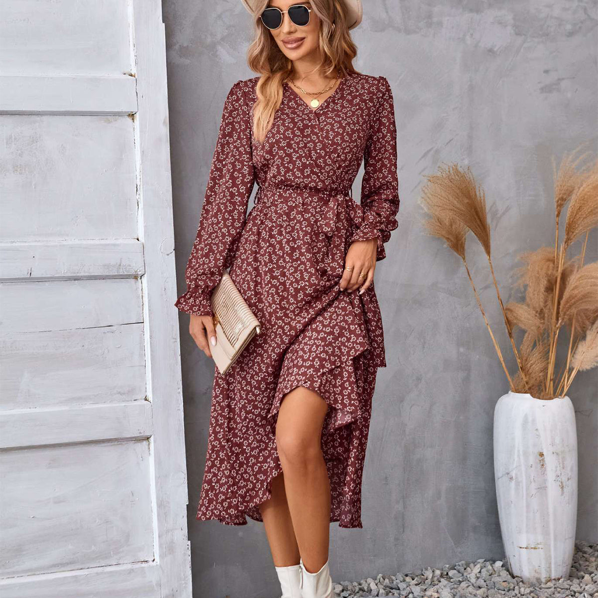 Flowers Print Long Sleeve Dress Fashion Ruffled Commuter Temperament Dresses Womens Clothing - Mubimart -  