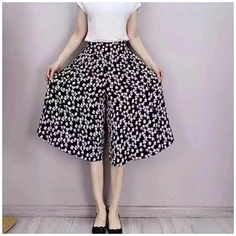 Slim And Casual High Waisted Printed Wide Leg Capris - Mubimart
