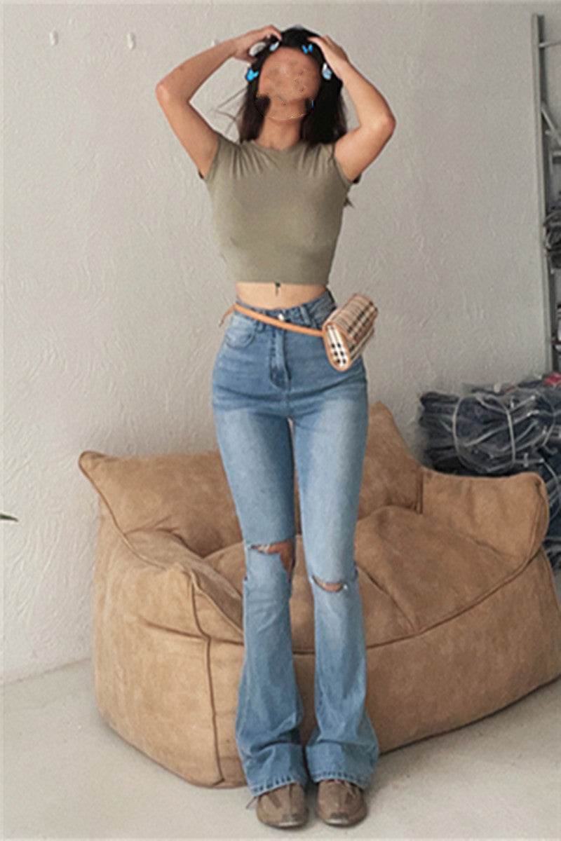 Irregular Hole Super High-rise Straight-leg Micro-flare Jeans - Mubimart
