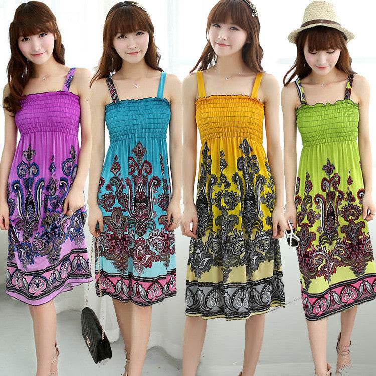 Bohemian Floral Dress Printed Milk Silk Plus Size Beach Dress Suspender Dress For Women - Mubimart