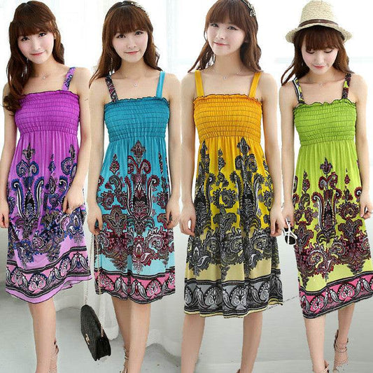 Bohemian Floral Dress Printed Milk Silk Plus Size Beach Dress Suspender Dress For Women - Mubimart