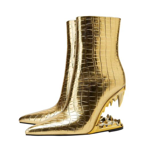 Female Pointed Tiger Tooth Heel Stone Pattern Shaped Wedge Heels - Mubimart