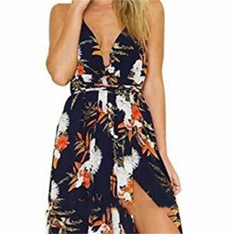 Women's Fashion Casual Printing Backless Slip Dress - Mubimart