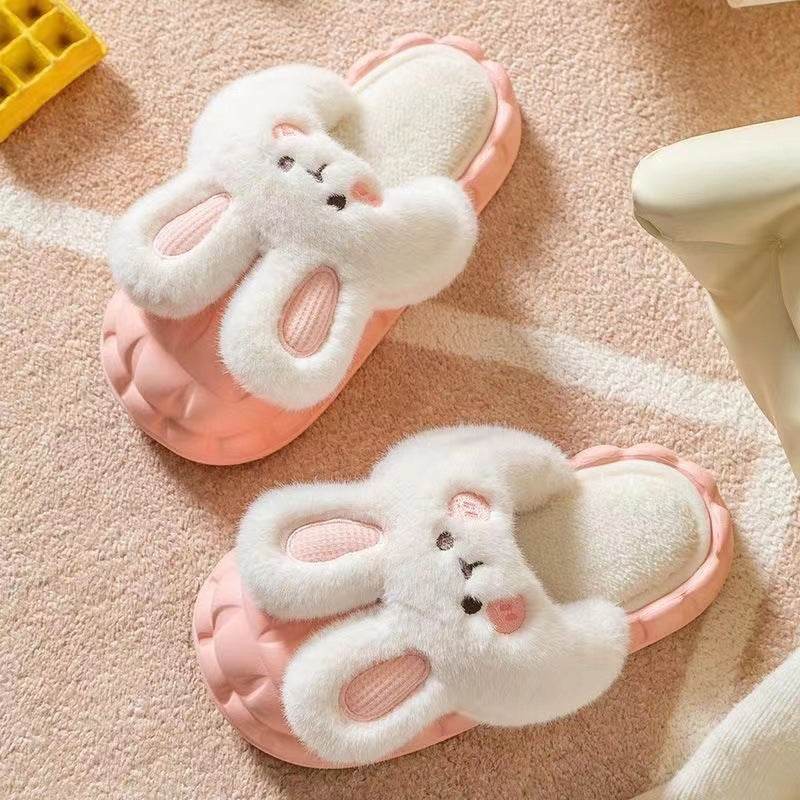 Cute Rabbit Shoes Winter Fuzzy Slippers Women Detachable Washable House Shoes - Mubimart