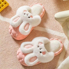 Cute Rabbit Shoes Winter Fuzzy Slippers Women Detachable Washable House Shoes - Mubimart -  