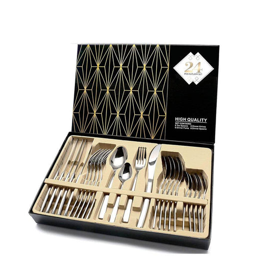 24 PCS Flatware Set Cutlery Dinnerware Spoon Knives Gift Box - Mubimart