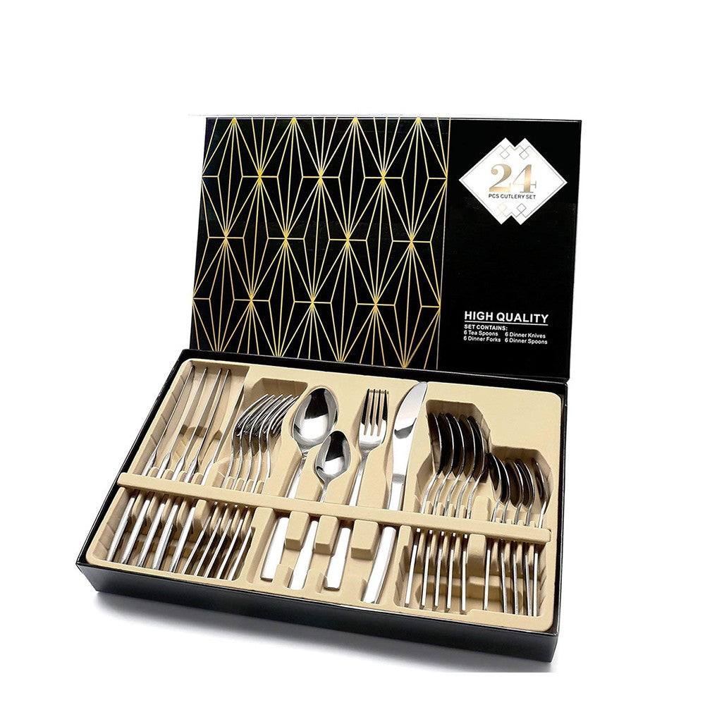 24 PCS Flatware Set Cutlery Dinnerware Spoon Knives Gift Box - Mubimart - Flatware 