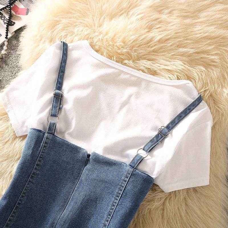 Summer Clothing Denim Braces Skirt Waist Trimming Lace Up Small Size Dress Suit - Mubimart