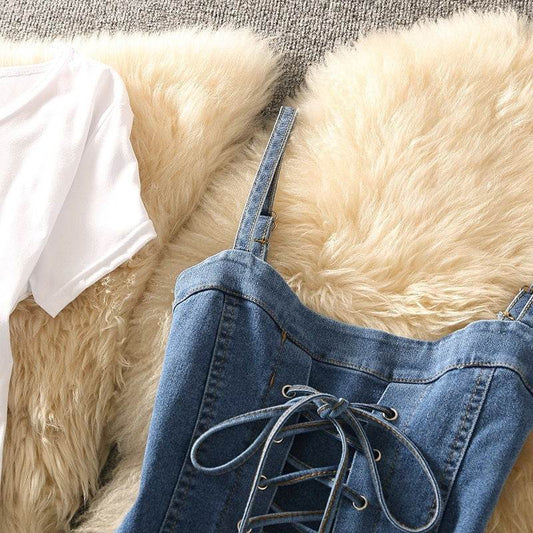 Summer Clothing Denim Braces Skirt Waist Trimming Lace Up Small Size Dress Suit - Mubimart