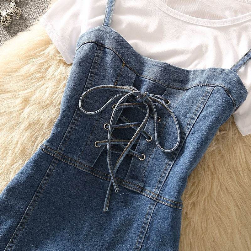Summer Clothing Denim Braces Skirt Waist Trimming Lace Up Small Size Dress Suit - Mubimart