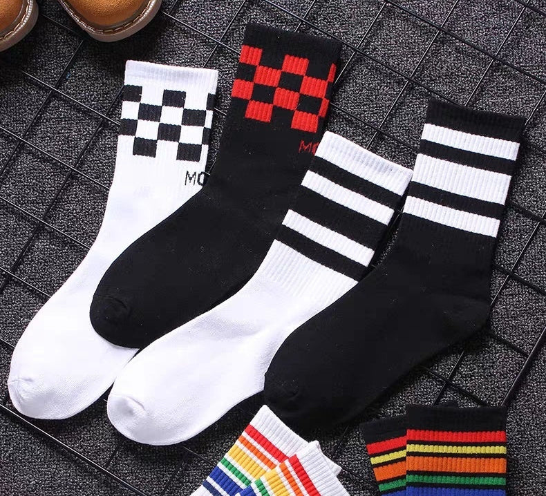 Trendy Pure Cotton Mid-calf Length Socks High-top Skateboard Basketball Socks Fashion Striped Athletic Socks - Mubimart -  