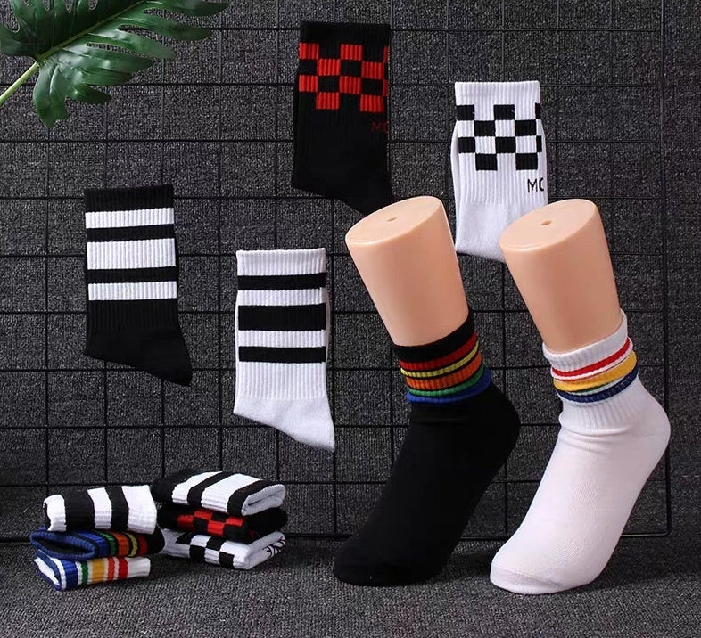 Trendy Pure Cotton Mid-calf Length Socks High-top Skateboard Basketball Socks Fashion Striped Athletic Socks - Mubimart -  