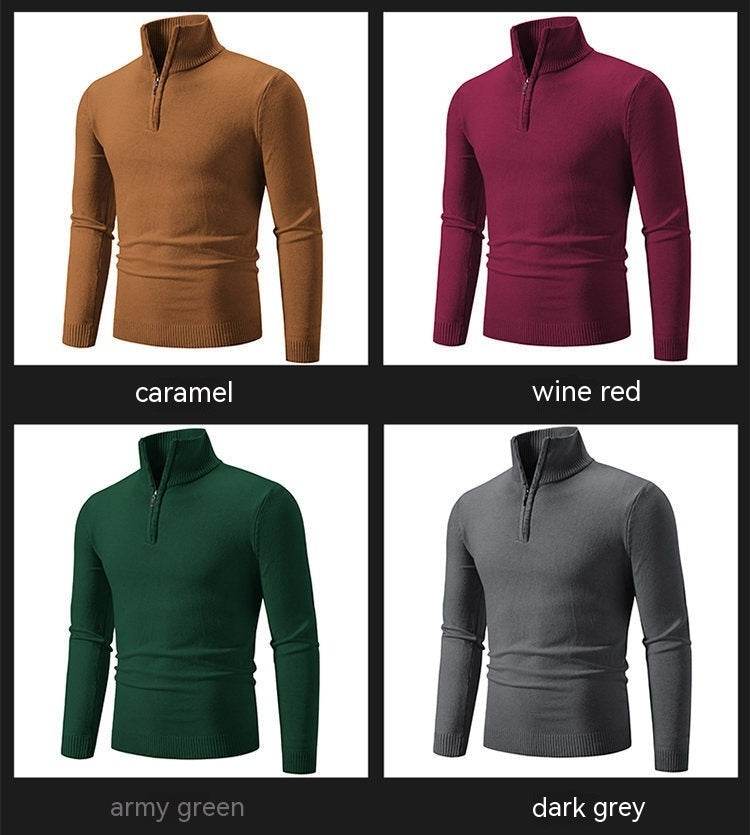 Zip-up Turtleneck Pullover Men's Long Sleeved Sweater - Mubimart