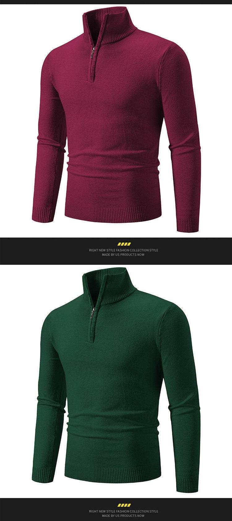 Zip-up Turtleneck Pullover Men's Long Sleeved Sweater - Mubimart