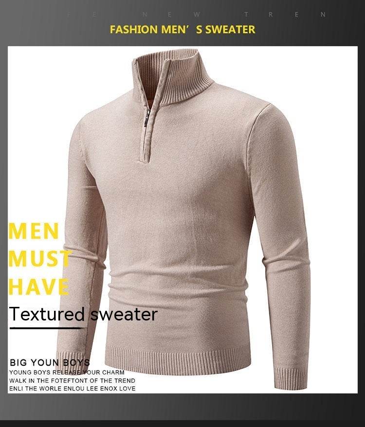 Zip-up Turtleneck Pullover Men's Long Sleeved Sweater - Mubimart