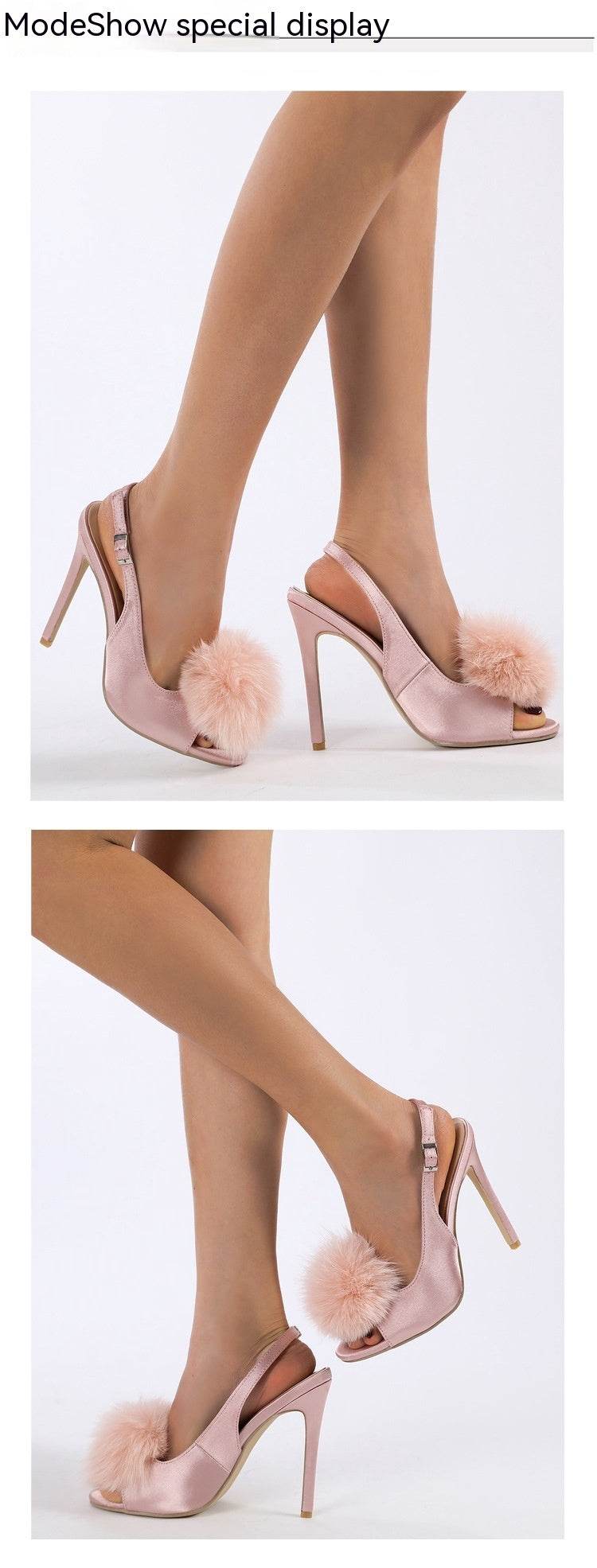 Gentle Hairy Ball Satin Fish Mouth Women's High-heeled Sandal - Mubimart