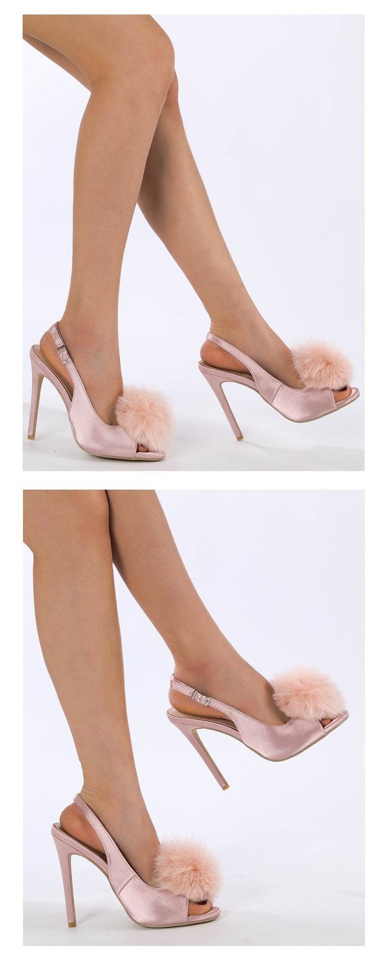 Gentle Hairy Ball Satin Fish Mouth Women's High-heeled Sandal - Mubimart