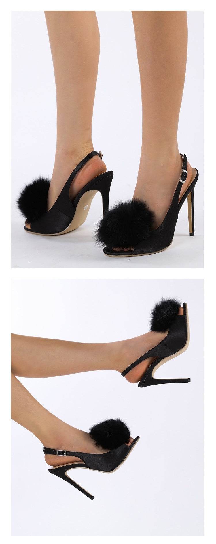 Gentle Hairy Ball Satin Fish Mouth Women's High-heeled Sandal - Mubimart