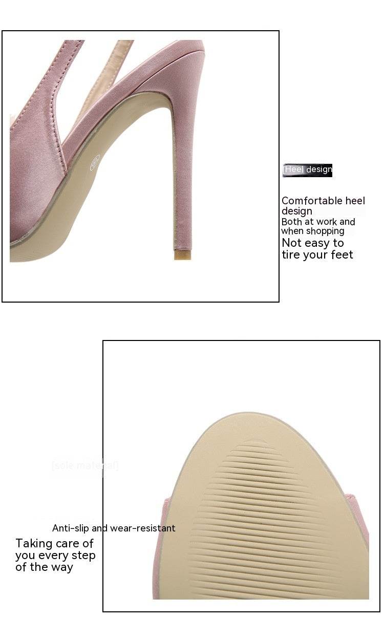 Gentle Hairy Ball Satin Fish Mouth Women's High-heeled Sandal - Mubimart