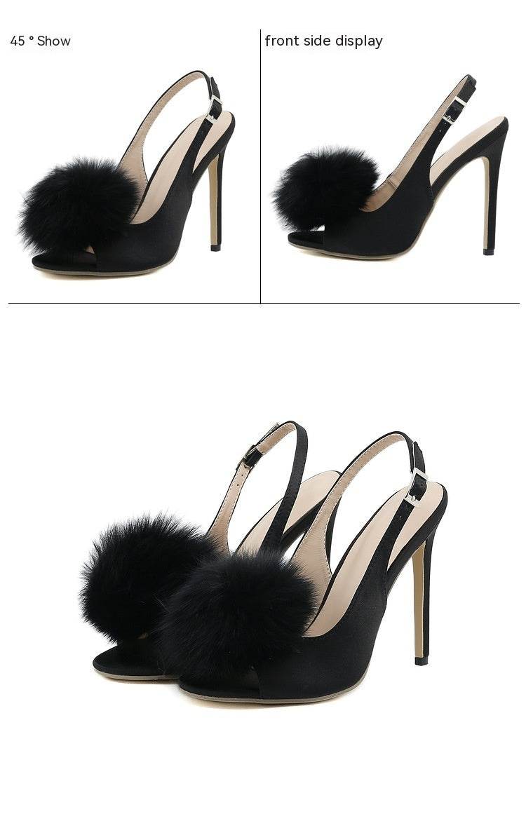 Gentle Hairy Ball Satin Fish Mouth Women's High-heeled Sandal - Mubimart
