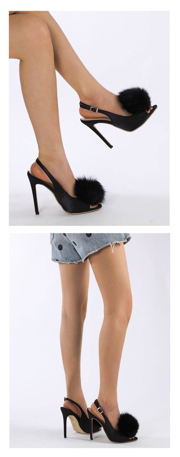 Gentle Hairy Ball Satin Fish Mouth Women's High-heeled Sandal - Mubimart