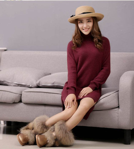 Women's Winter Mid-calf Fox Fur Snow Boots - Mubimart