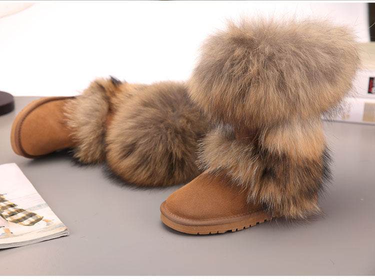 Women's Winter Mid-calf Fox Fur Snow Boots - Mubimart