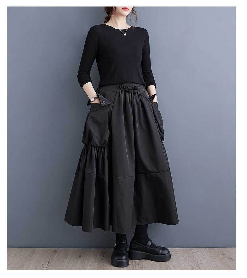 Loose Slimming Workwear Large Pocket Large Hem High Waist Pleated Skirt - Mubimart