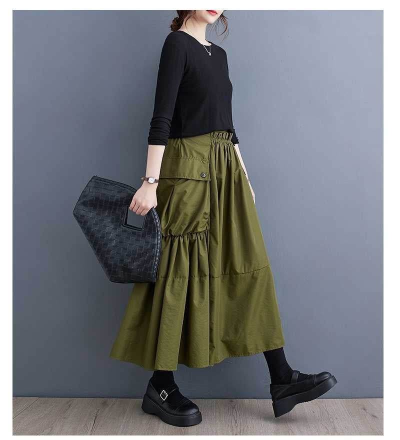 Loose Slimming Workwear Large Pocket Large Hem High Waist Pleated Skirt - Mubimart